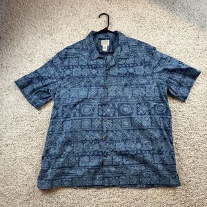 LL Bean Men’s Large Hawaiian Shirt Camp Tribal Blue Short‎ Sleeve Button Up